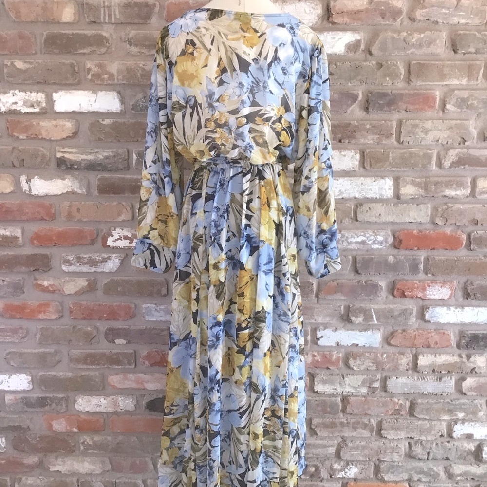 ENFOCUS Women’s Navy Yellow Floral Long Sleeve Chiffon V-neck Maxi Dress 14W - Picture 3 of 8